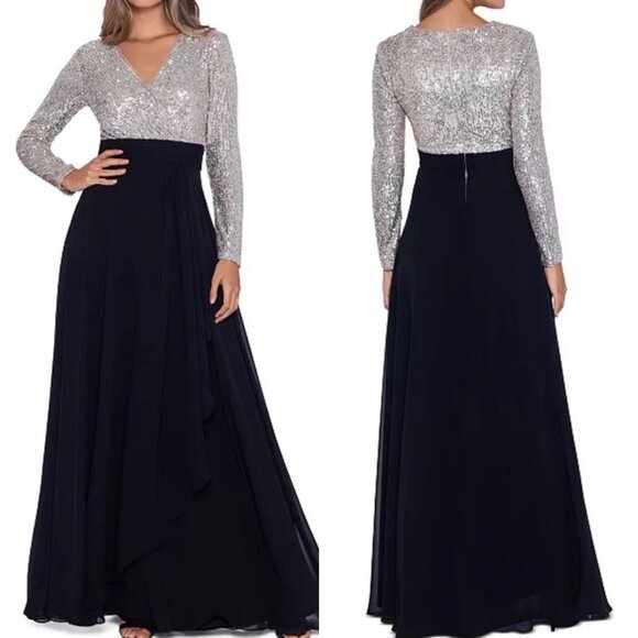 NEW Xscape Sequined Chiffon Long Sleeve Gown Dress Black Nude Silver Size 8 NWT - Picture 1 of 9